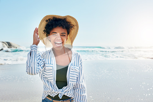 Image of Beach, summer and portrait of black woman with smile on holiday, vacation and weekend by ocean. Travelling lifestyle, nature and happy girl laugh, relaxing and enjoying adventure, freedom and fun