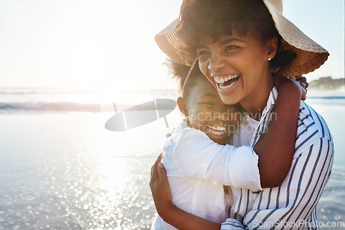 Image of Family, kids and beach with a mother and daughter laughing or joking together in the ocean or sea. Love, children and coast with a black woman and girl having fun while bonding by the water in nature