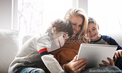 Image of Relax, tablet and mom with children on sofa bonding, quality time and streaming movies on weekend. Love, family home and mom and kids with digital tech for online games, learning and internet app