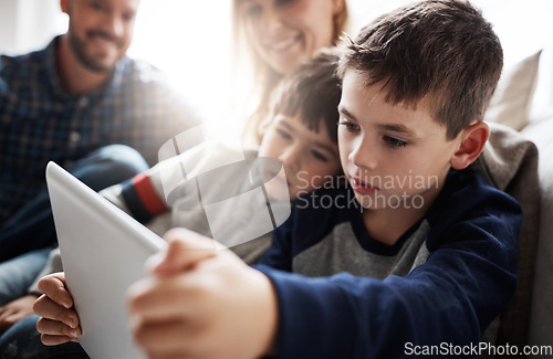 Image of Thinking children, bonding or tablet in movies streaming, esports or social media in house living room or family home. Brothers, boys or kids on digital technology, education learning or team gaming