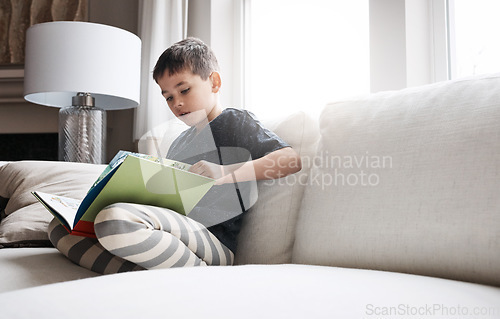 Image of Child, boy or reading book for education, learning and relax studying on house living room or family home sofa. Kid, storytelling or fantasy fairytale novel for hobby activity or creative inspiration