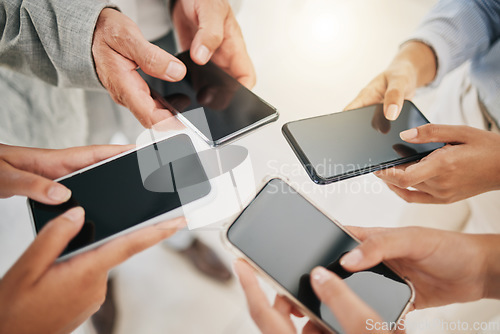 Image of Smartphone, business people and hands with mockup, corporate communication marketing and technology with collaboration. Mobile phone, internet and networking with teamwork, employee group and connect