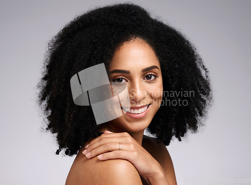 Image of Skincare, beauty and portrait of black woman on gray background for wellness, healthy and glowing skin. Dermatology, aesthetic and face of girl spa cosmetics, beauty products and facial treatment