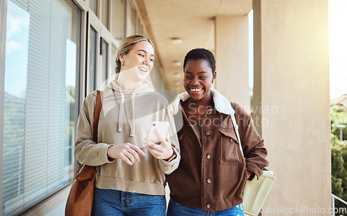 Image of Smartphone, university and students walking with education, college or study website and campus networking. Social media, communication and diversity friends reading phone, schedule or school results