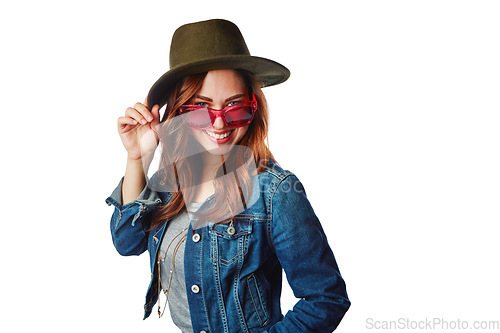 Image of Woman, portrait or fashion sunglasses on isolated white background for trendy, cool or hipster brand marketing. Smile, happy or gen z model with clothing, hat or creative clothes on mock up backdrop