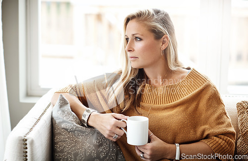 Image of Woman, thinking and relax with coffee on sofa in living room for morning mindfulness peace, calm vision and planning lifestyle ideas in home. Female, thoughtful mindset and drinking warm tea on couch