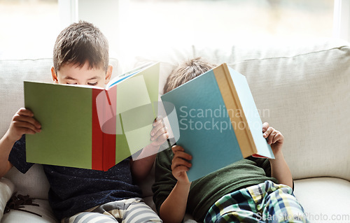 Image of Children, bonding and reading books for education, learning or relax studying on house living room in family home sofa. Kids, brothers and boys with storytelling, fairytale novels or fantasy fiction