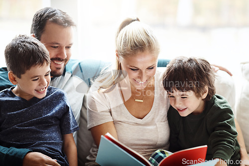 Image of Mom, dad and kids reading books on sofa for storytelling time with smile in happy family home. Love, learning and couple with children, book and fantasy story on couch, growth and child development.