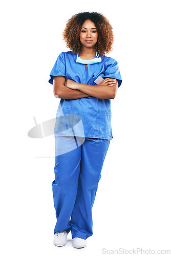Image of Nurse, portrait and black woman with arms crossed in studio standing isolated on a white background mock up. Healthcare, wellness goals and confident and proud female medical physician from Nigeria.