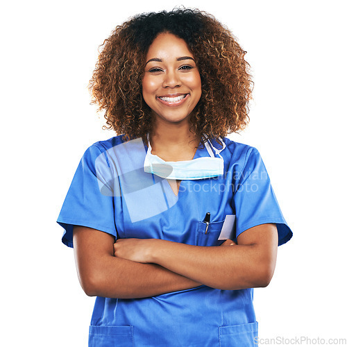 Image of Portrait, nurse and black woman with arms crossed in studio isolated on white background. Face, healthcare or confident, proud and happy female medical physician from Nigeria ready for wellness goals