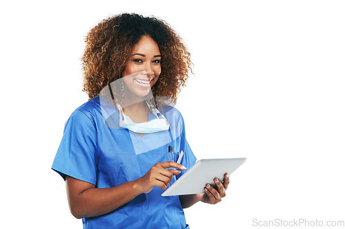 Image of Healthcare, nurse and black woman with tablet in studio isolated on white background mockup. Technology, wellness and portrait of female medical physician with touchscreen for research or telehealth.