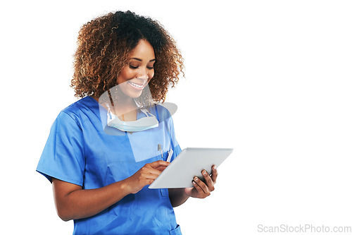 Image of Black woman, tablet and doctor in studio with smile, focus or research with healthcare article by white background. Isolated nurse, mobile tech touchscreen and reading email, social media app or news