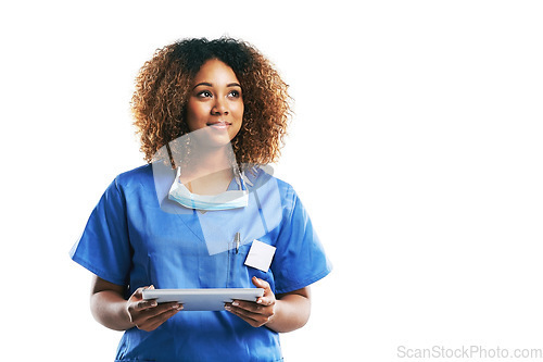 Image of Nurse, healthcare and black woman with tablet in studio isolated on a white background mock up. Technology, wellness and thinking female medical physician with touchscreen for research or telehealth.