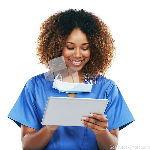 Image of Tablet, healthcare nurse and black woman in studio isolated on a white background mockup. Technology, wellness app and person or female medical physician with touchscreen for research or telehealth.