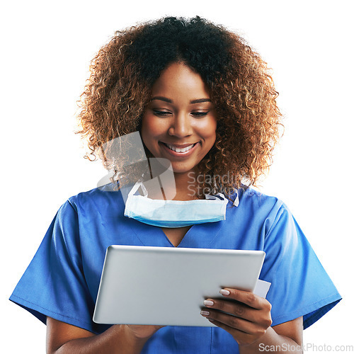 Image of Doctor black woman, tablet typing and studio for smile, focus or science research on web app by white background. Isolated nurse, mobile tech touchscreen or reading on social network, article or news