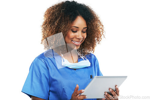 Image of Doctor black woman, tablet and studio in communication, smile or focus on healthcare research by white background. Isolated nurse, mobile tech touchscreen and reading on social network, app or chat