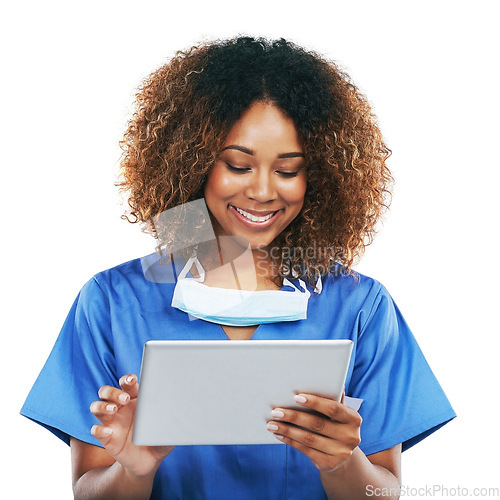 Image of Tablet, black woman and healthcare nurse in studio isolated on white background. Technology, wellness app and happy person or female medical physician with touchscreen for research or telehealth.