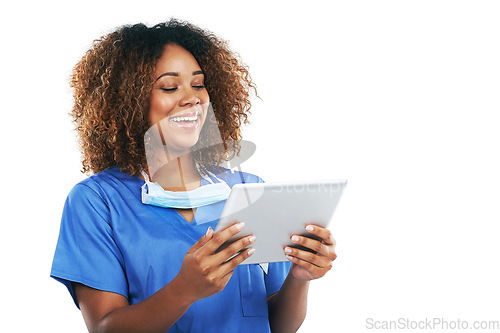 Image of Nurse, health and black woman with tablet in studio isolated on white background mockup. Technology, wellness and happy female medical physician laughing with touchscreen for research or telehealth.