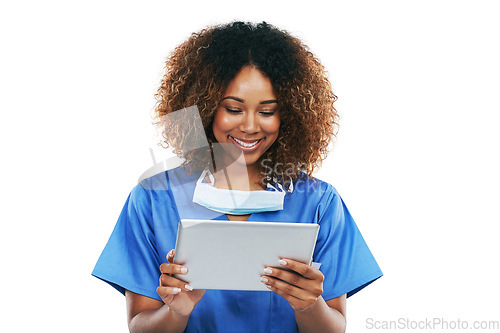 Image of Healthcare tablet, nurse and black woman in studio isolated on white background mock up. Technology, wellness app and happy young female medical physician with touchscreen for research or telehealth.