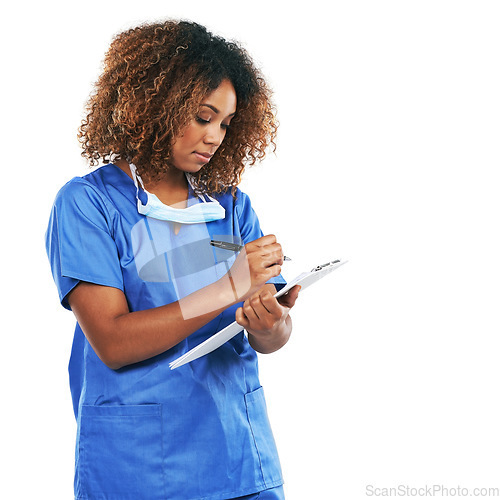 Image of Healthcare, clipboard and mockup with a nurse black woman writing in studio isolated on a white background. Medical, documents and insurance with a female medicine professional on blank mock up space