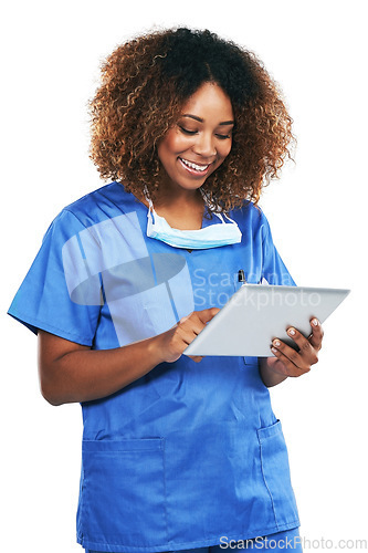 Image of Doctor, black woman and tablet in studio with focus, smile and research for healthcare problem by white background. Isolated nurse, mobile tech touchscreen and reading email, social media app or chat