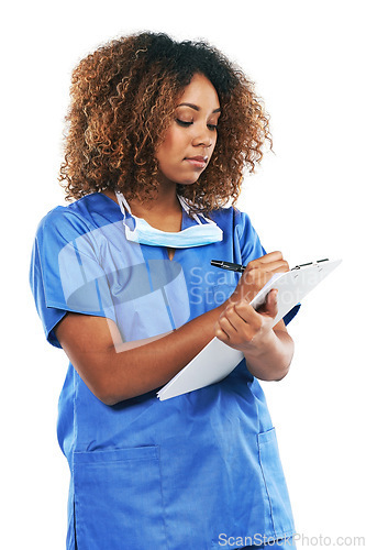 Image of Healthcare, nurse and black woman writing on checklist in studio isolated on white background. Wellness, documents and female medical physician taking notes on clipboard for research, results or data