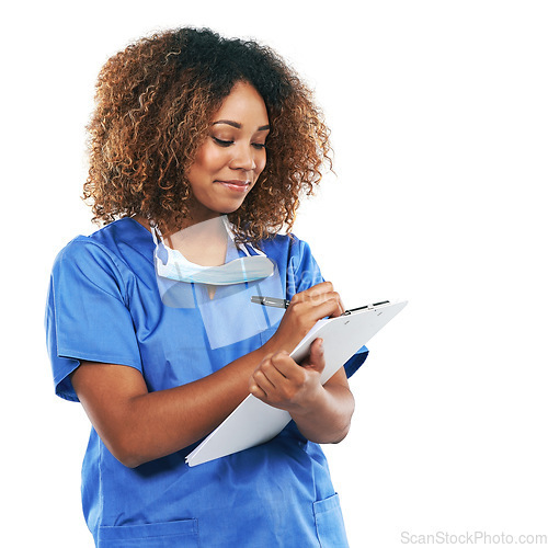 Image of Nurse, healthcare and black woman writing on checklist in studio isolated on white background mockup. Wellness, documents and female medical physician taking notes on clipboard for research records.