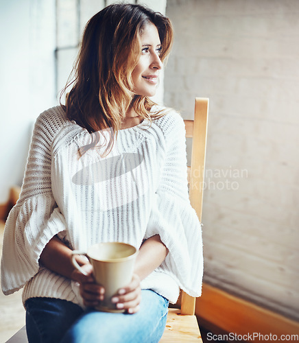 Image of Happy, relax and woman drinking coffee while daydreaming in her home, calm and quiet on wall background. Tea, contemplation and female enjoying a peaceful morning while sitting looking out a window