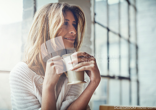 Image of Coffee, thinking and woman in home relax with delicious cup of caffeine, espresso or cappuccino. Ideas, peace or happy calm female with tea mug while contemplating, focus or lost in thoughts in house