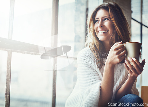 Image of Relax, coffee and woman thinking by window in home with delicious cup of caffeine, espresso or cappuccino. Peace, idea or happy calm female with tea mug while contemplating, focus or lost in thoughts