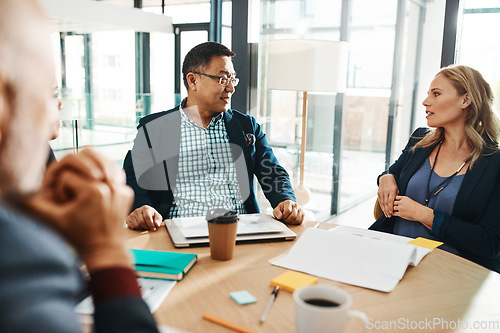 Image of Idea, planning and communication of business people in meeting at corporate workplace together. Collaboration, brainstorming and strategy of interracial employees in company business meeting.