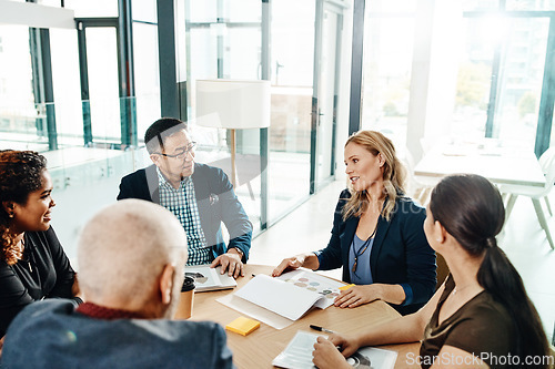 Image of Innovation, goal and vision of business people in meeting.at corporate workplace together. Collaboration, brainstorming and strategy of interracial employees in company business meeting.