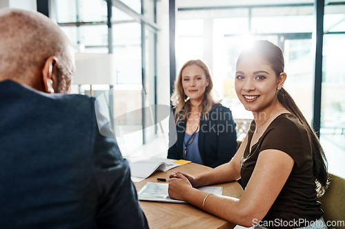 Image of Meeting, planning and teamwork with woman portrait for success, confidence and hr management discussion. Communication, leadership and collaboration of business people, person or group with a smile