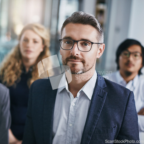 Image of Businessman, portrait or workshop training in office diversity, teamwork collaboration meeting or global growth coaching. Mature corporate worker, employee or conference for education or presentation