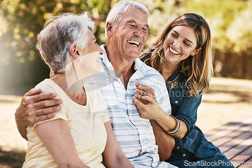 Image of Woman, grandparents and hug for family summer vacation, holiday or break together in the outdoors. Happy grandma, grandpa and daughter with smile in joyful happiness, love or care for elderly parents