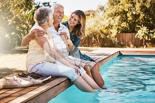Image of Relax, senior couple and woman with feet in swimming pool enjoying summer holiday, vacation and weekend. Family, love and daughter with elderly parents for bonding, quality time and laughing together