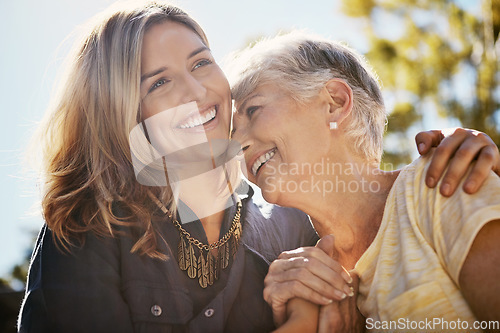 Image of Senior mom, woman and hug for love, support care and happiness together in nature park. Elderly mother, happy family and daughter relax, calm and smile for relationship bonding adventure outdoor