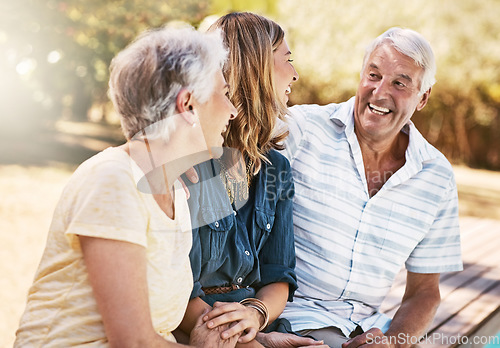 Image of Fun, laughing and parents bonding with daughter at the pool to relax together in summer. Funny, happy and senior mother and father with a woman for quality time, peace and comic conversation