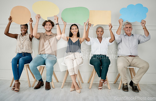 Image of Business people, queue and interview with speech bubble, mockup vote and opinion space in office for job. Group diversity, recruitment and opinion for social media, chat or digital marketing company