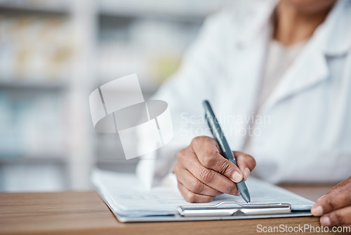 Image of Woman, hands or pharmacy clipboard writing for medical stock check, medicine product research or pills prescription order. Zoom, pharmacist or healthcare worker with paper documents in retail store