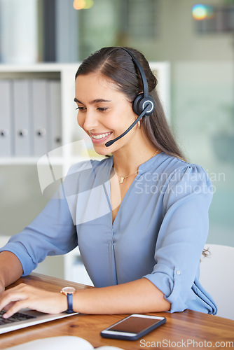 Image of Telemarketing, call center and woman typing on laptop for technical support, crm consulting and help desk communication. Contact us, email and happy customer service worker with pc for online service