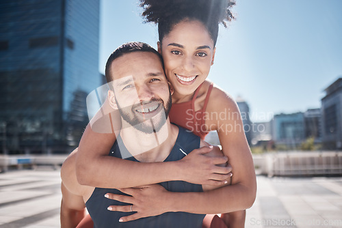 Image of Fitness, piggyback and young couple in outdoor workout, training or exercise portrait for support, love and hug with teamwork in city. Urban, sports and athlete or friends face smile for cardio goals