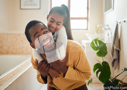 Image of Black family, father and child in a happy home with love, care and support while in bathroom. Man and girl kid for a piggy back ride with a smile, energy and hug for safety, health and wellness