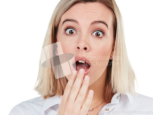 Image of Secret, stress and portrait of woman in studio with bad surprise, problem or wtf moment of people. Fear, anxiety and shock gasp of young corporate person at isolated white background.