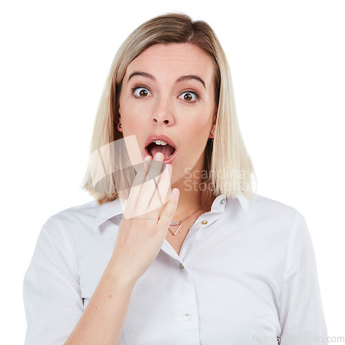 Image of Business woman and shock portrait in studio for bad surprise, problem or wtf moment of people. Worry, anxiety or stress gasp of shocked and young corporate person at isolated white background.
