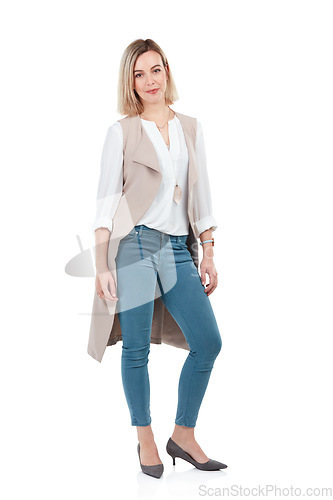 Image of Studio portrait, woman and confident with fashion for workplace with beauty, style and white background. Isolated corporate leader, vision and motivation with clothes, jeans and happiness in career