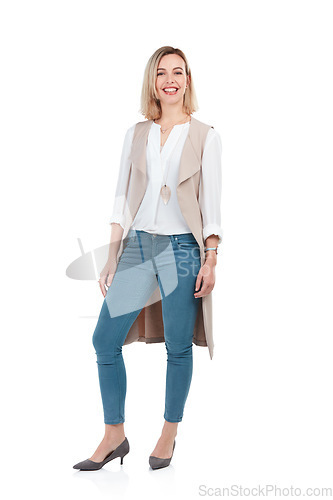 Image of Studio portrait, woman and smile with fashion for workplace with beauty, style and white background. Isolated executive leader, vision and motivation with clothes, jeans or happiness in design career