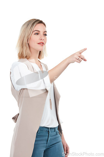 Image of Fashion, pointing and mockup with a model woman in studio isolated on a white background to show empty space. Logo, branding and product placement with a female posing to point at black mock up