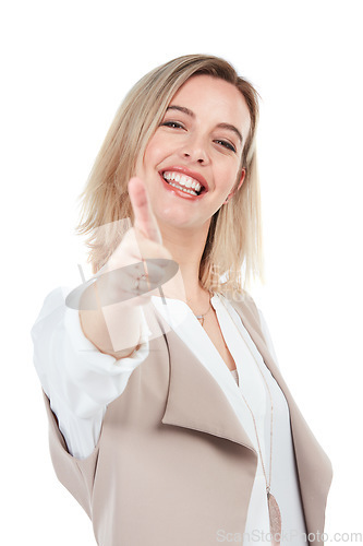 Image of Happy, thumbs up and portrait of woman in studio with positive agreement, winner or success gesture. Happiness of young person in isolated white background with smile for ok or approval of people.