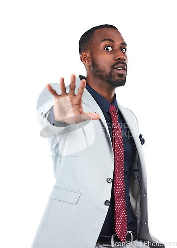 Image of Fear, portrait and stop hand of businessman for warning, problem or protection sign of people in studio. Corporate black person with anxiety, stress and worry at isolated white background.